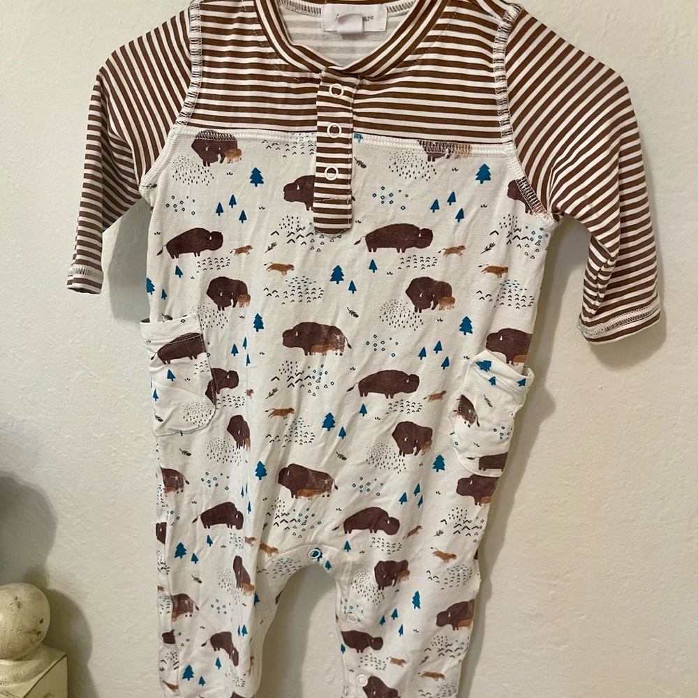 Angel Dear Cream and Brown Buffalo Print Baby One-Piece